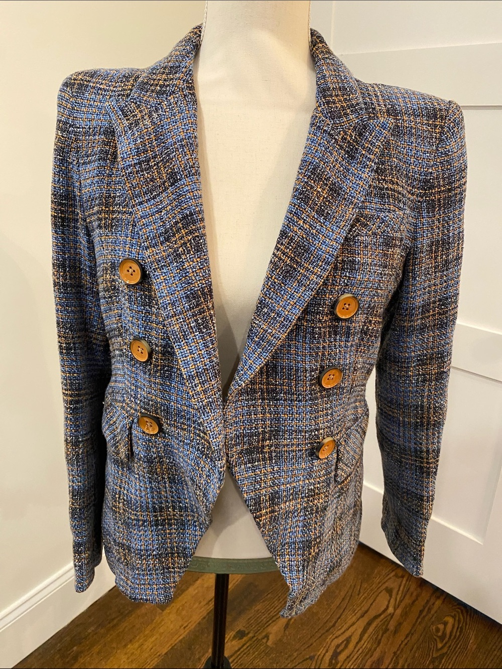 Veronica Beard Blue and Brown Checked Double-Breasted Blazer